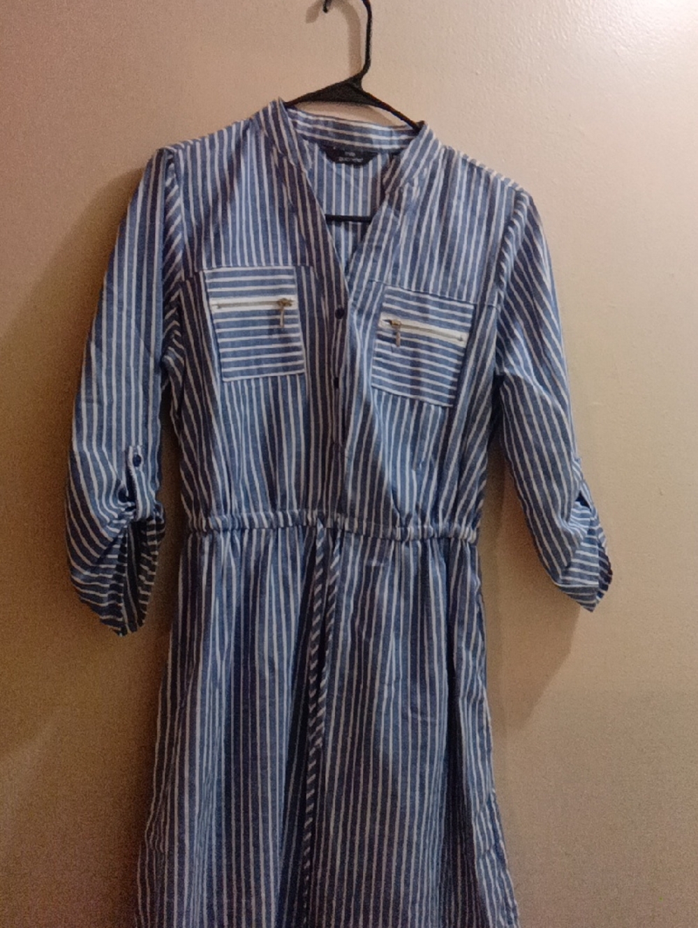 Striped Blue Shirt Dress with Front Zip Pockets